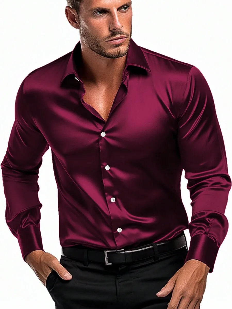 Men's Satin Solid Color Long Sleeve Dress Shirt for Fall