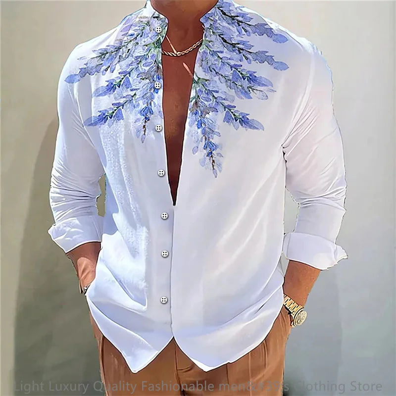 3D Floral Print Shirt - Long Sleeve Mandarin Collar