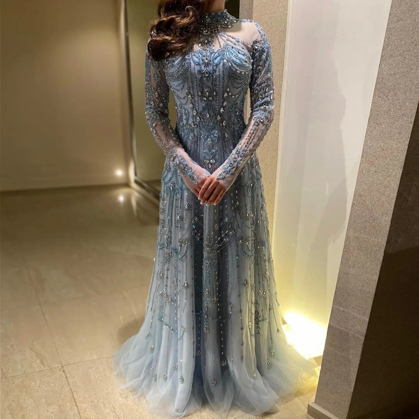 Beaded Evening Dress - Long Sleeve High Neck Gown