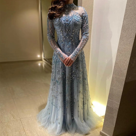 Beaded Evening Dress - Long Sleeve High Neck Gown