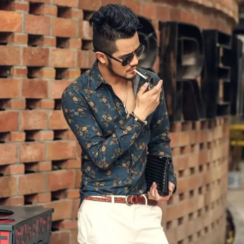 Floral Print Men's Shirt - Slim Fit Long Sleeve