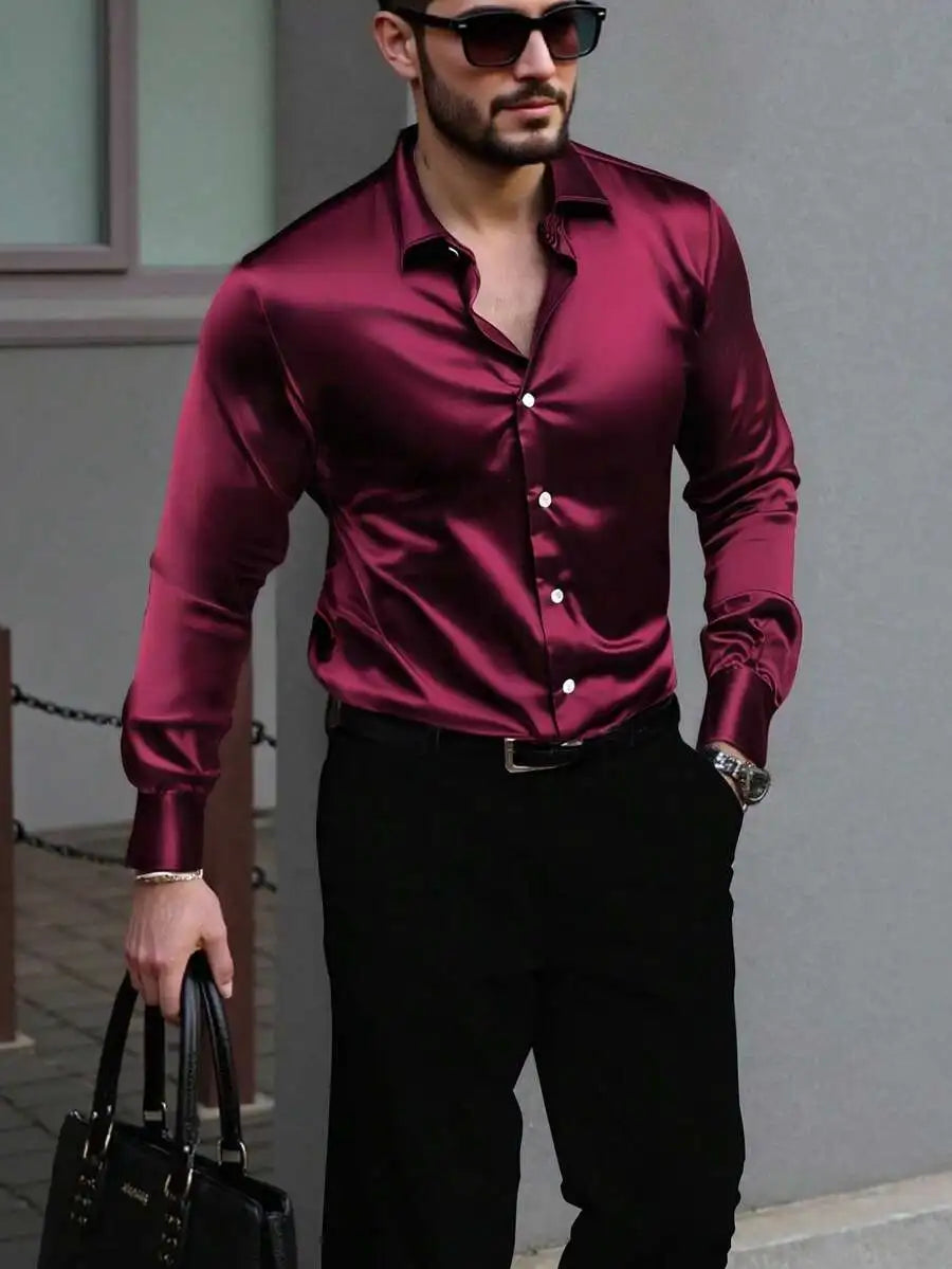 Men's Satin Solid Color Long Sleeve Dress Shirt for Fall