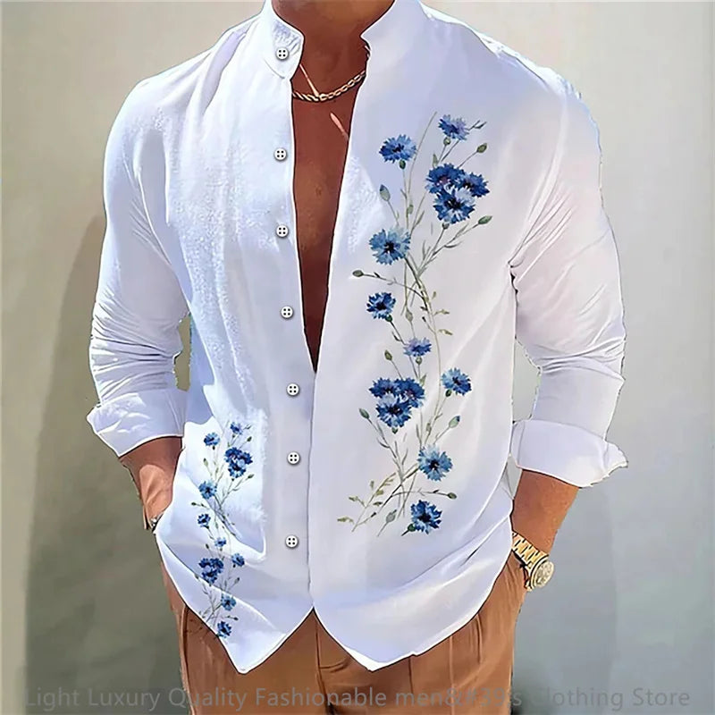 3D Floral Print Shirt - Long Sleeve Mandarin Collar
