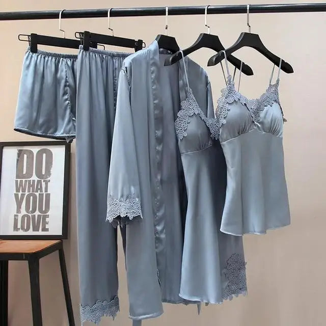 Lace 5PCS Sleepwear Nightgown Sets Bride Kimono Bathrobe Gown Satin Lady Nighty&Robe Sleep Suit Sexy Home Clothes Wedding Robe