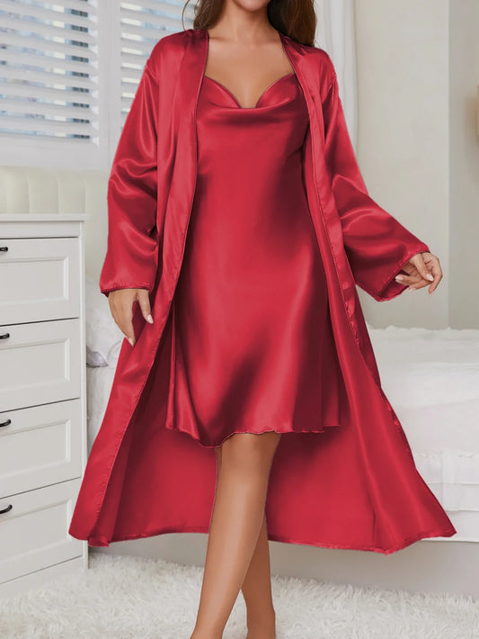 Two-Pack Women's Pajamas Loungewear Solid Color Sling Nightgown Robe Set Sexy Midi Chemise Loose Robe with Belt