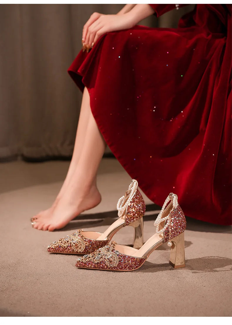 Golden Crystal Wedding Stilettos - Rhinestone Ankle Strap Heels