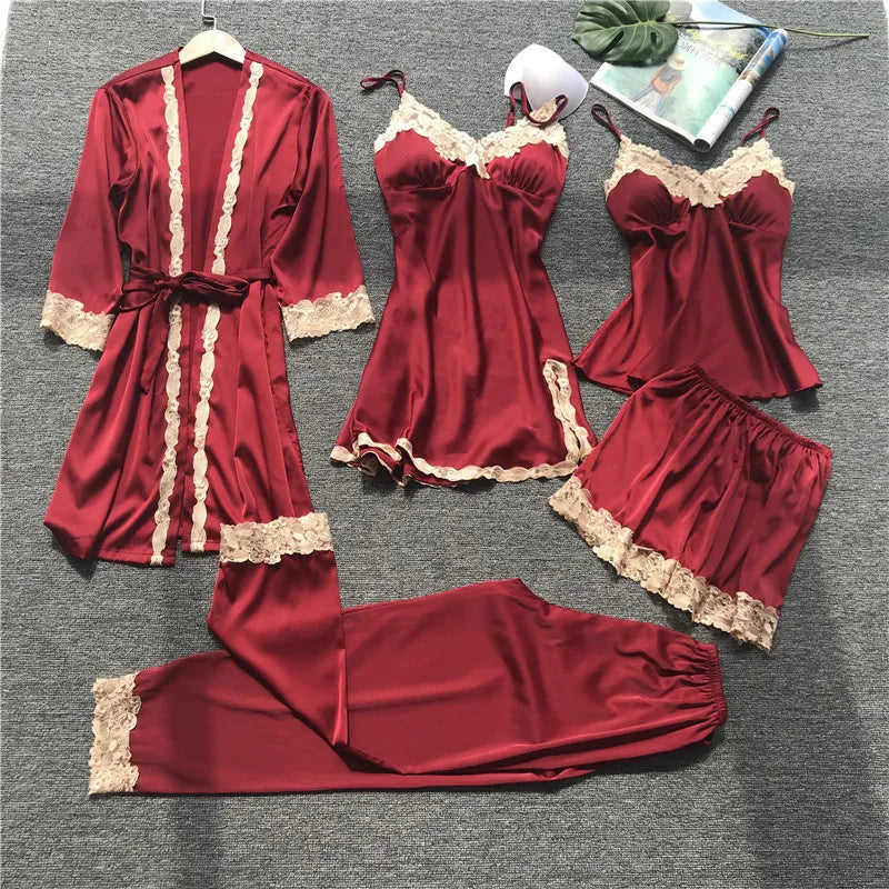Lace 5PCS Sleepwear Nightgown Sets Bride Kimono Bathrobe Gown Satin Lady Nighty&Robe Sleep Suit Sexy Home Clothes Wedding Robe