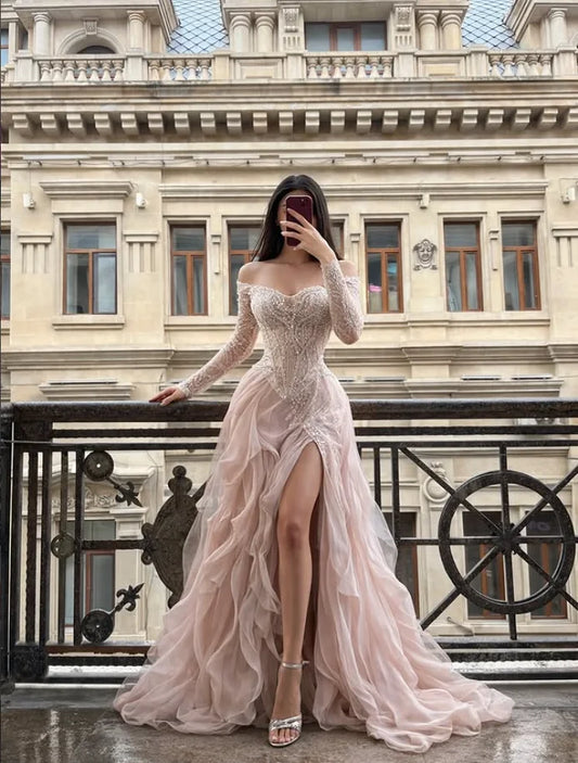 Chamapgne Pink Sparkly Evening Occasion Dresses Gillter Beaded Long Sleeve High Slit Prom Gala Gown Ruffles Skirt Customized