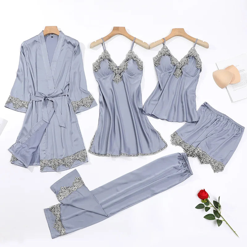 Lace 5PCS Sleepwear Nightgown Sets Bride Kimono Bathrobe Gown Satin Lady Nighty&Robe Sleep Suit Sexy Home Clothes Wedding Robe