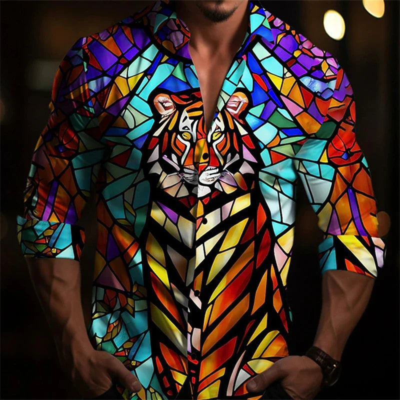 Men's Color Block Shirt - Long Sleeve Lapel Button Down
