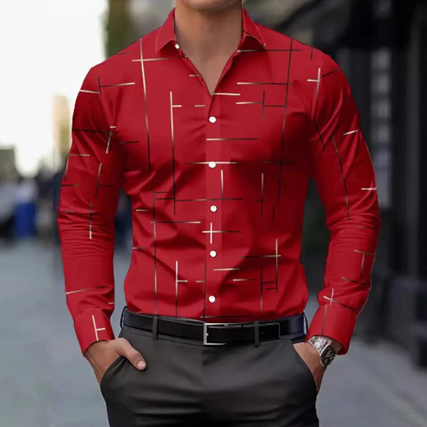 3D Print Line Pattern Shirt - Stand Collar