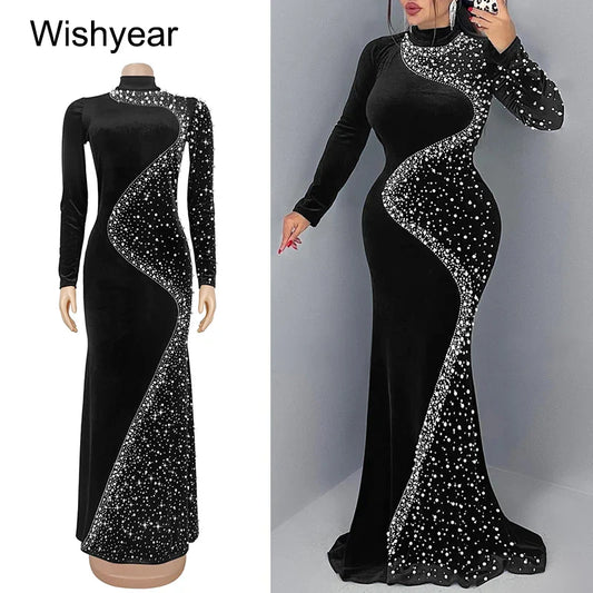 Luxury Diamond Embellished Mermaid Gown - Long Sleeve Evening Dress