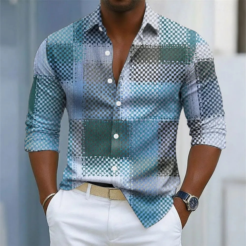 Men's Geometric Grid Plaid Shirt | Long Sleeve