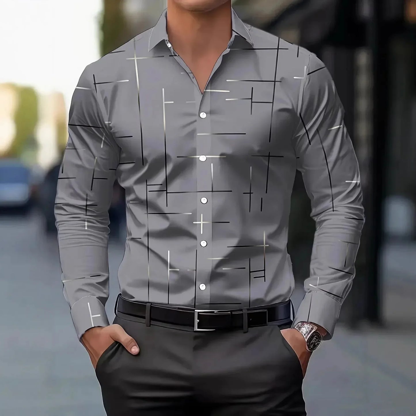 3D Print Line Pattern Shirt - Stand Collar