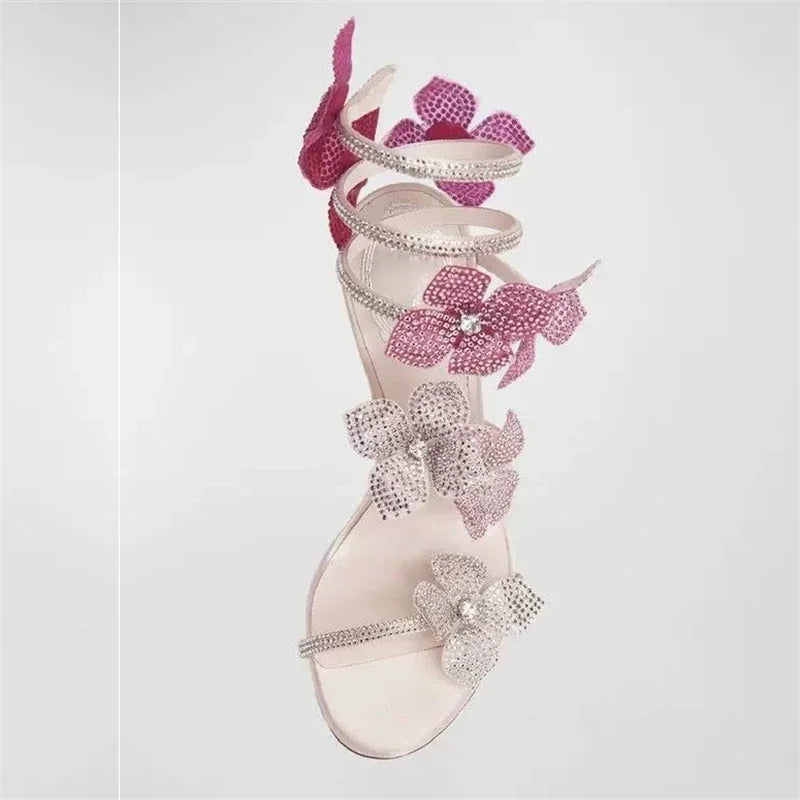 Crystal Flower Thin High Heel Sandals - Ankle Strap Stilettos