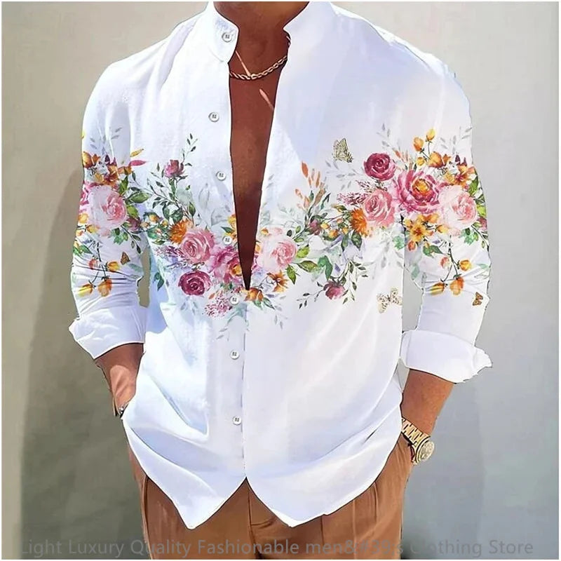3D Floral Print Shirt - Long Sleeve Mandarin Collar