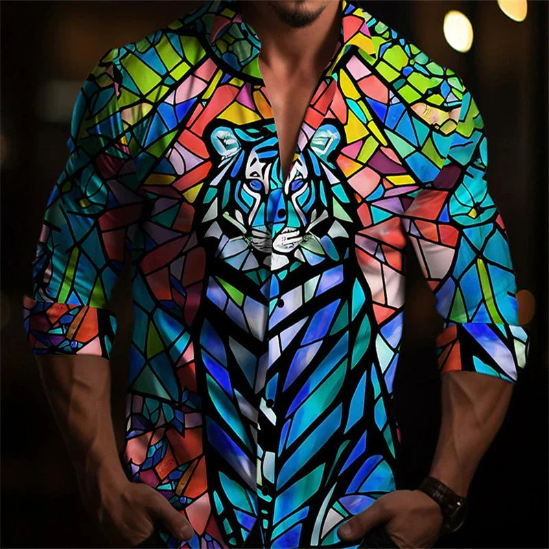 Men's Color Block Shirt - Long Sleeve Lapel Button Down