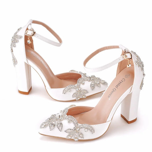 Rhinestone Thick Heel Wedding Sandals - Pointed Toe Bridal Shoes