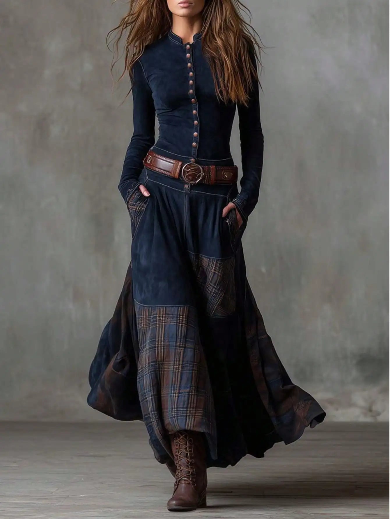 Plaid Maxi Dress - Vintage Button Front
