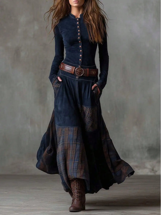 Plaid Maxi Dress - Vintage Button Front