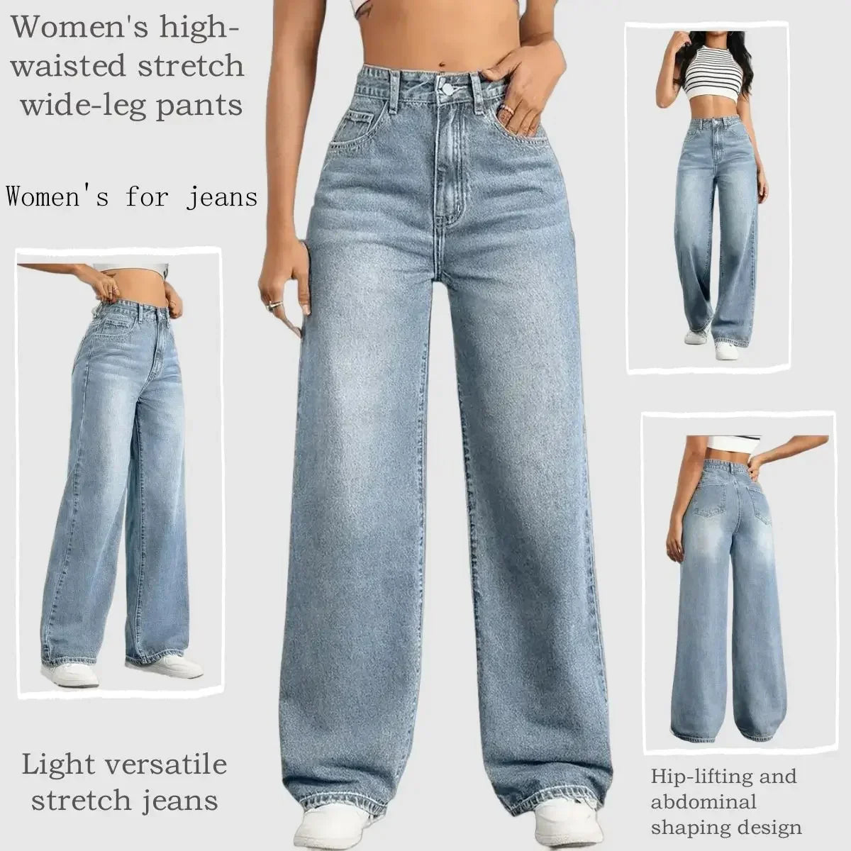 Classic Blue Y2K Jeans for Women Straight Leg Stretchy Denim Trousers Simple Design Retro Style Elastic Waist
