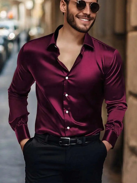 Men's Satin Solid Color Long Sleeve Dress Shirt for Fall
