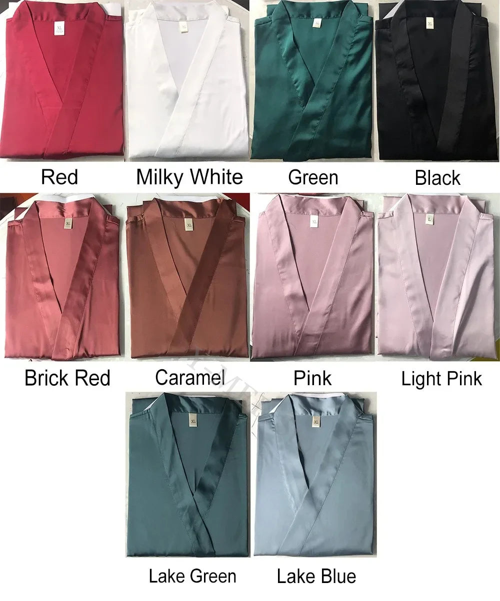 Collection of satin robes in various colors with labels underneath.