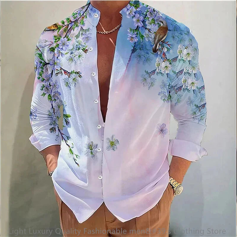 3D Floral Print Shirt - Long Sleeve Mandarin Collar