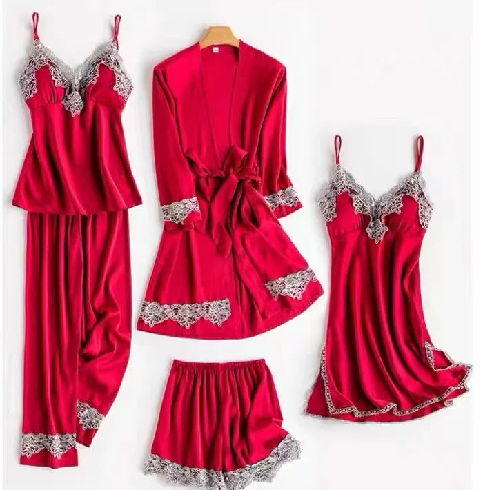 Lace 5PCS Sleepwear Nightgown Sets Bride Kimono Bathrobe Gown Satin Lady Nighty&Robe Sleep Suit Sexy Home Clothes Wedding Robe