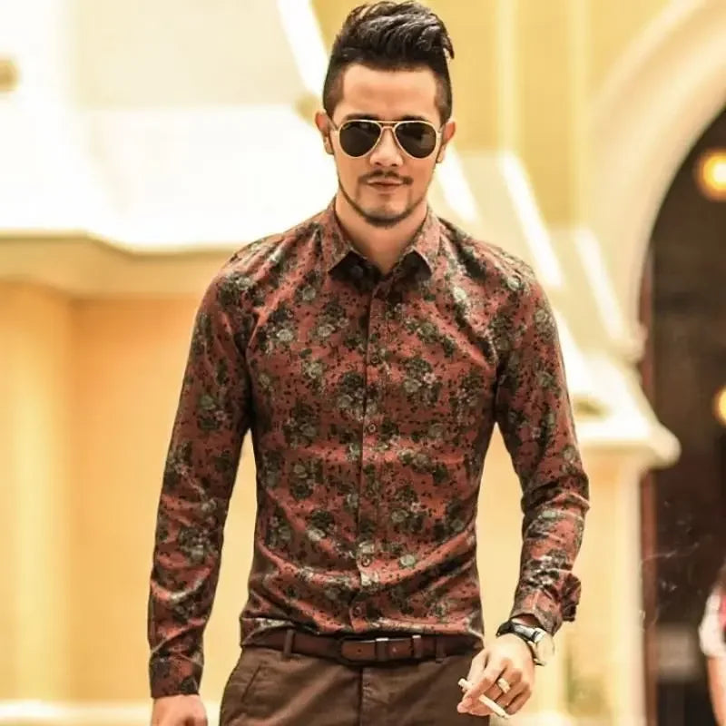 Floral Print Men's Shirt - Slim Fit Long Sleeve