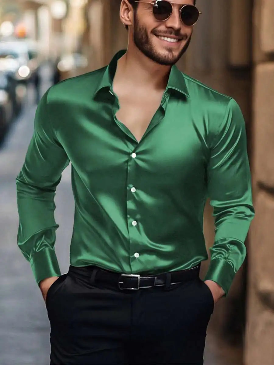 Men's Satin Solid Color Long Sleeve Dress Shirt for Fall