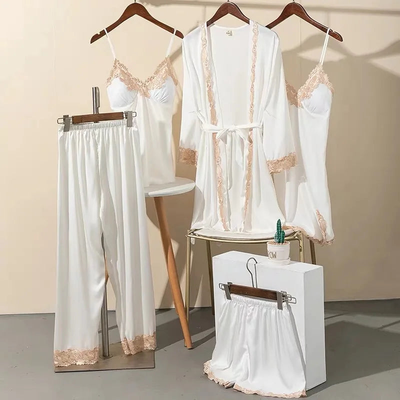 Lace 5PCS Sleepwear Nightgown Sets Bride Kimono Bathrobe Gown Satin Lady Nighty&Robe Sleep Suit Sexy Home Clothes Wedding Robe