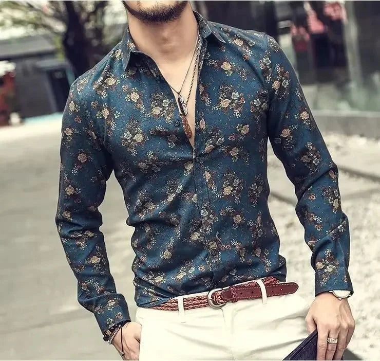 Floral Print Men's Shirt - Slim Fit Long Sleeve