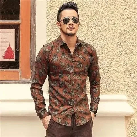 Floral Print Men's Shirt - Slim Fit Long Sleeve
