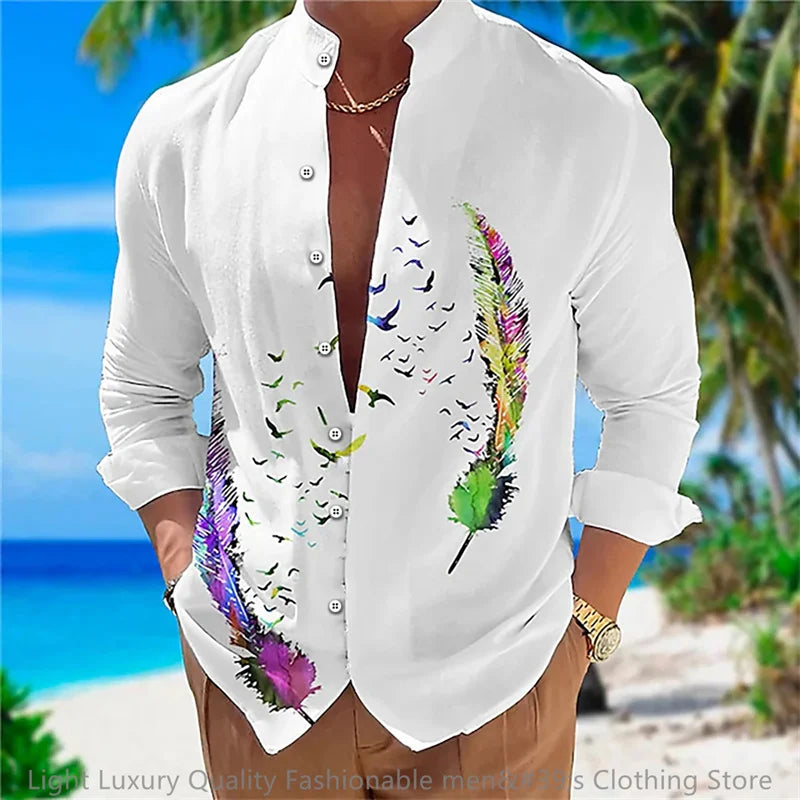 3D Floral Print Shirt - Long Sleeve Mandarin Collar