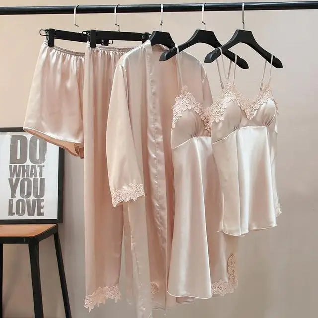 Lace 5PCS Sleepwear Nightgown Sets Bride Kimono Bathrobe Gown Satin Lady Nighty&Robe Sleep Suit Sexy Home Clothes Wedding Robe