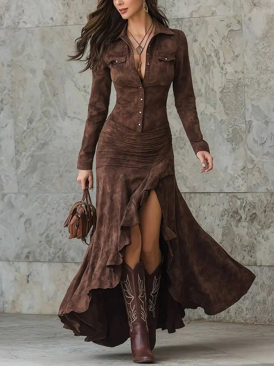 Suede Maxi Dress - Button Front with High Slit