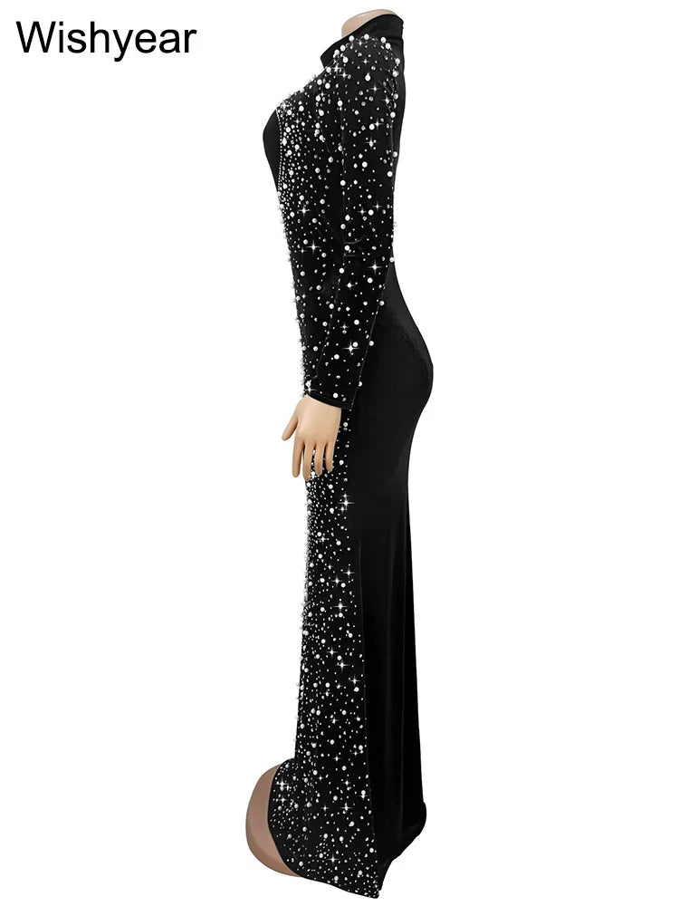 Luxury Diamond Embellished Mermaid Gown - Long Sleeve Evening Dress