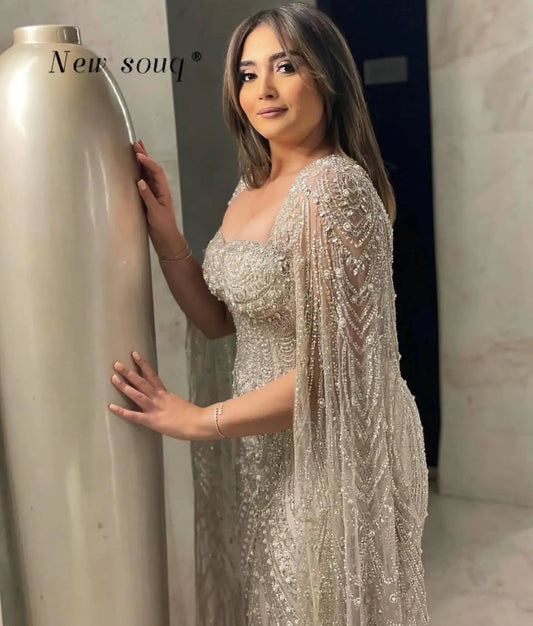 Luxury Beaded Kaftan Party Dress with Cape Sleeve – Plus Size Wedding Gown