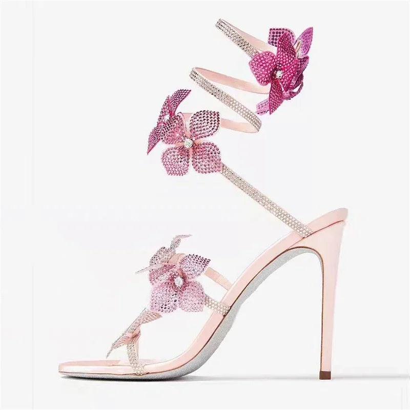 Crystal Flower Thin High Heel Sandals - Ankle Strap Stilettos