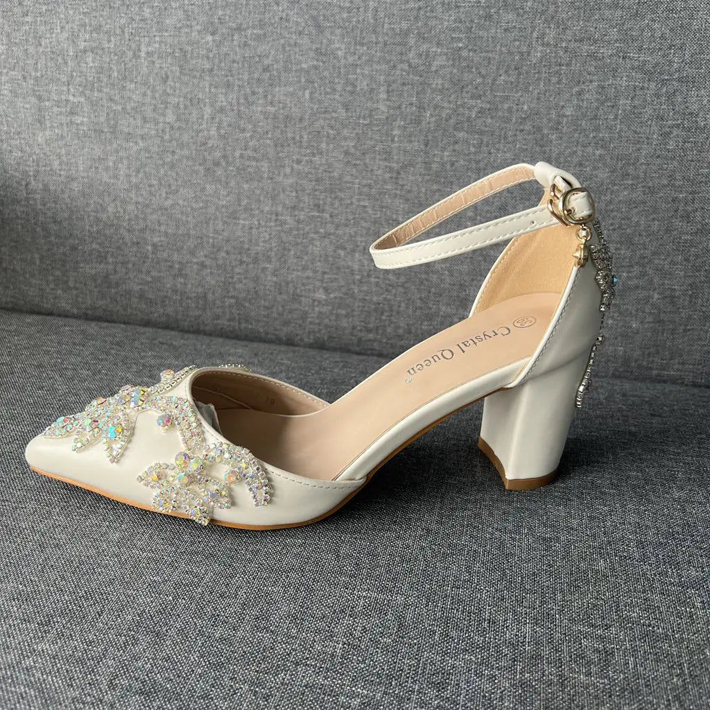 Rhinestone Thick Heel Wedding Sandals - Pointed Toe Bridal Shoes