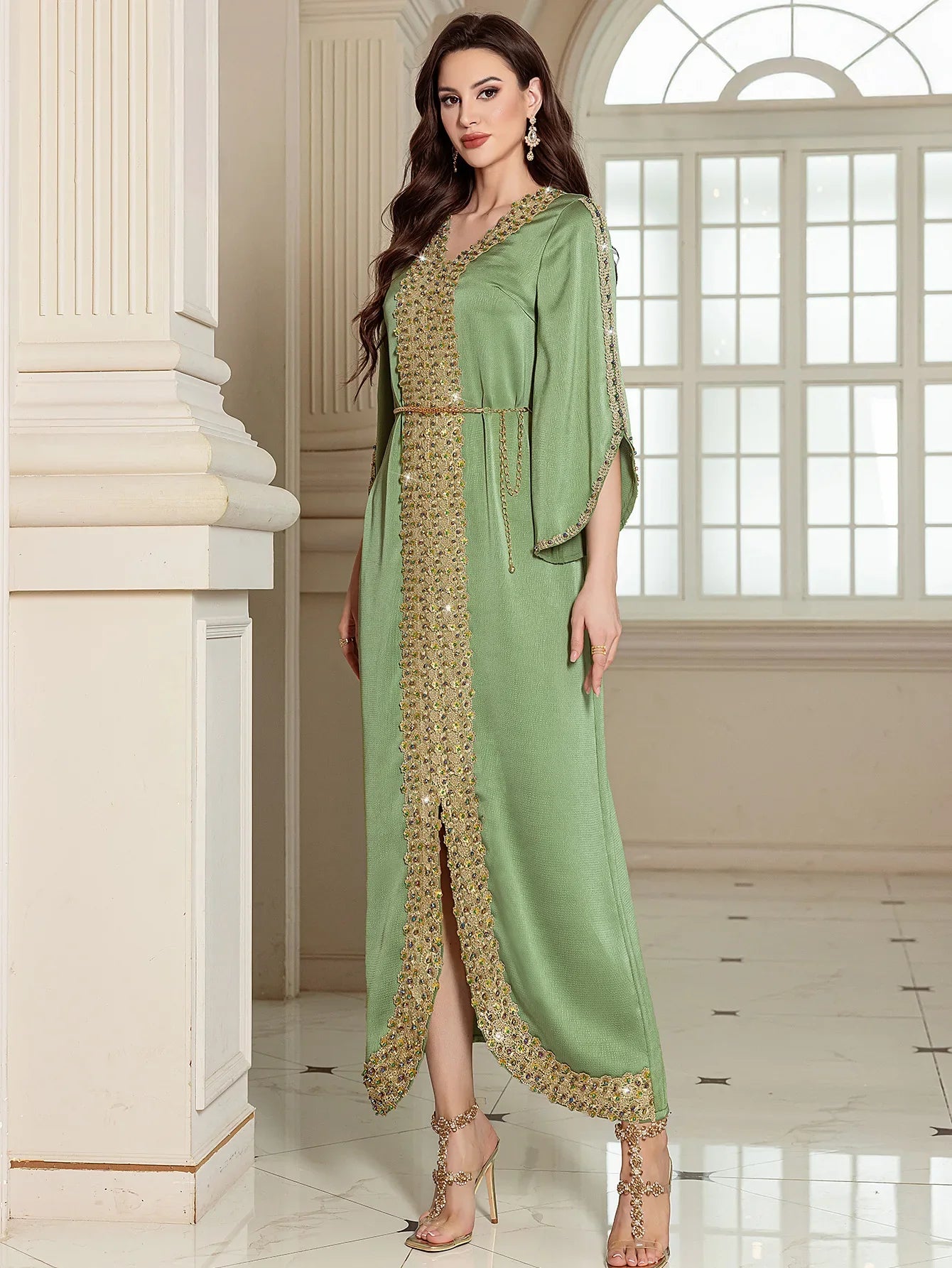 Beaded Diamond Abaya - Lace Jalabiya Dress