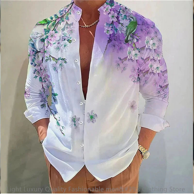 3D Floral Print Shirt - Long Sleeve Mandarin Collar