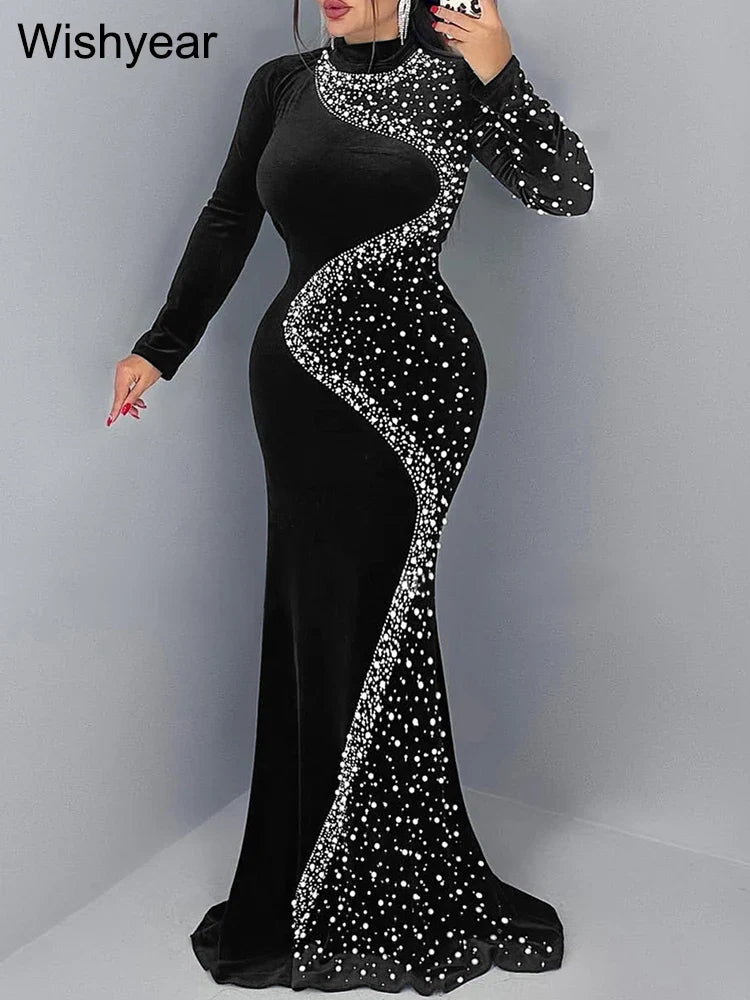 Luxury Diamond Embellished Mermaid Gown - Long Sleeve Evening Dress