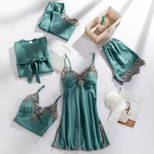 Lace 5PCS Sleepwear Nightgown Sets Bride Kimono Bathrobe Gown Satin Lady Nighty&Robe Sleep Suit Sexy Home Clothes Wedding Robe