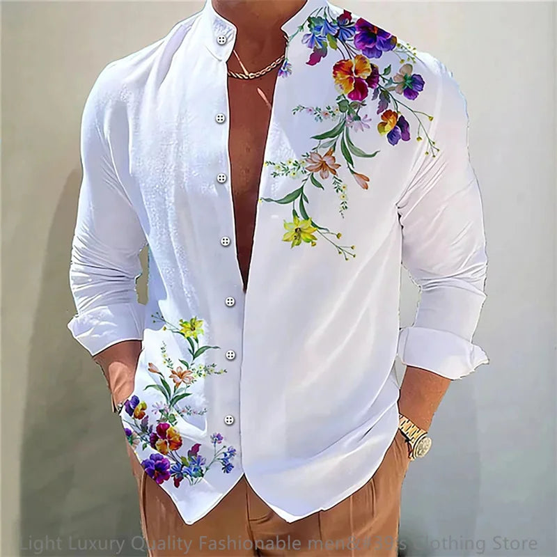 3D Floral Print Shirt - Long Sleeve Mandarin Collar