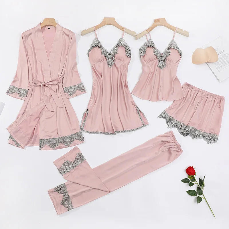 Lace 5PCS Sleepwear Nightgown Sets Bride Kimono Bathrobe Gown Satin Lady Nighty&Robe Sleep Suit Sexy Home Clothes Wedding Robe