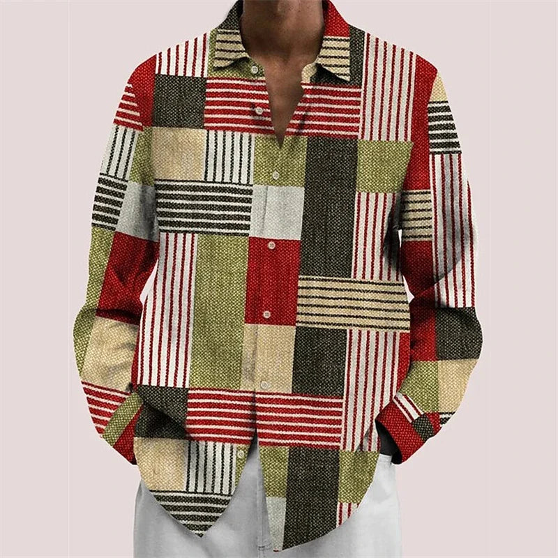 Men's Color Block Shirt - Long Sleeve Lapel Button Down