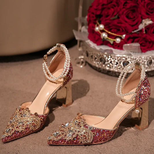 Golden Crystal Wedding Stilettos - Rhinestone Ankle Strap Heels