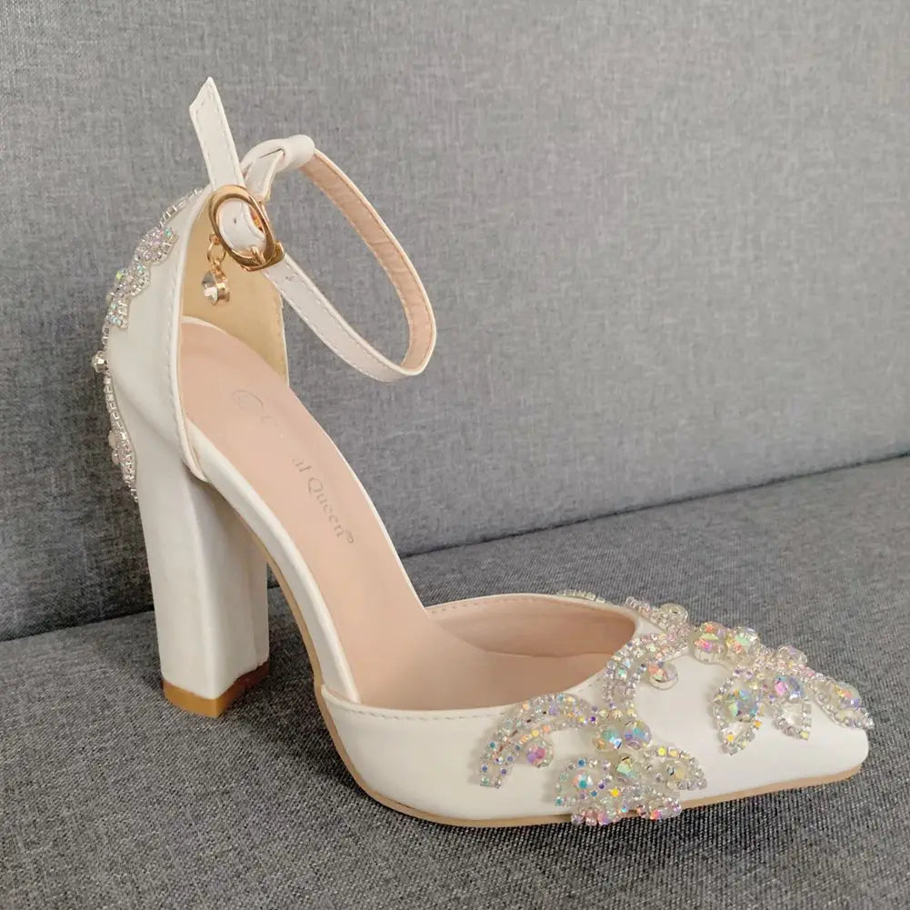 Rhinestone Thick Heel Wedding Sandals - Pointed Toe Bridal Shoes